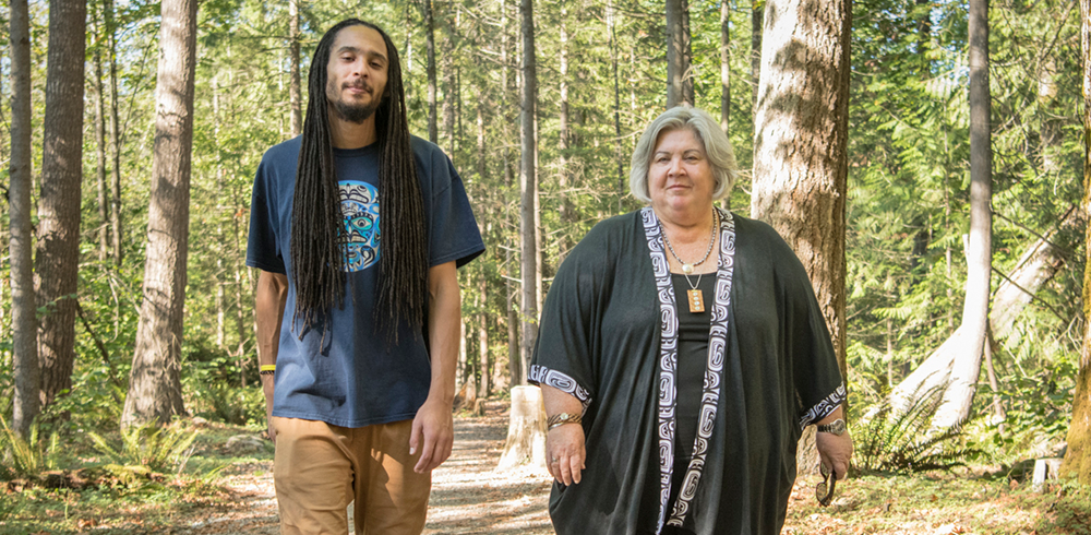 Two people walking in the woods