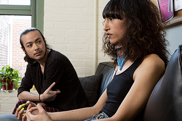 Trans gender couple in waiting room.