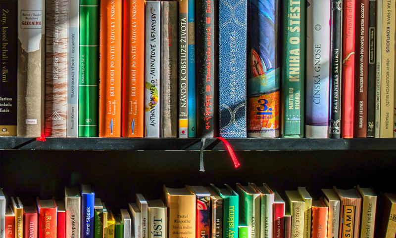 Library bookshelf filled with colourful books.